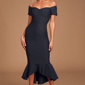 Lulu's Off-Shoulder Navy Mermaid Midi Dress